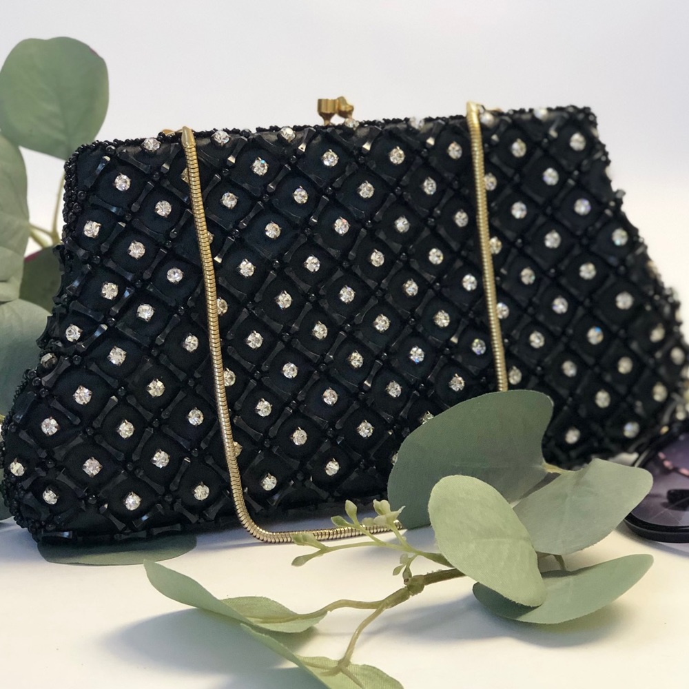 VINTAGE SILVER CLEAR Rhinestone and Black hand Bag